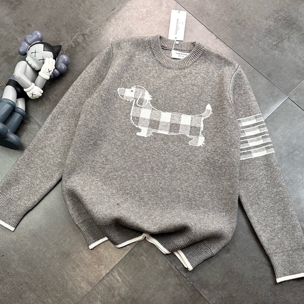 Thom Browne Grey Puppy Print Knit Sweater